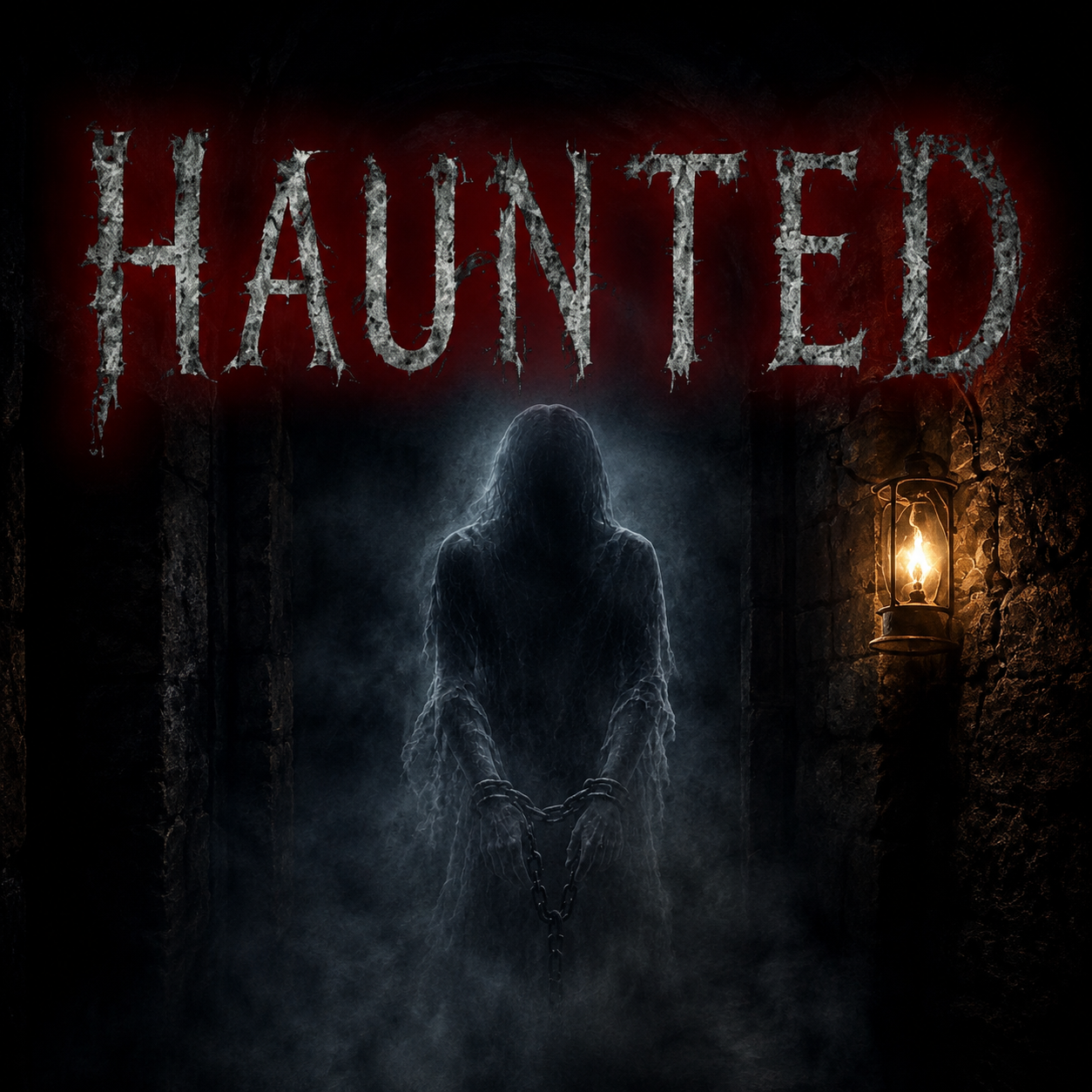 HAUNTED series artwork with a chained faceless spirit in a dark stone corridor